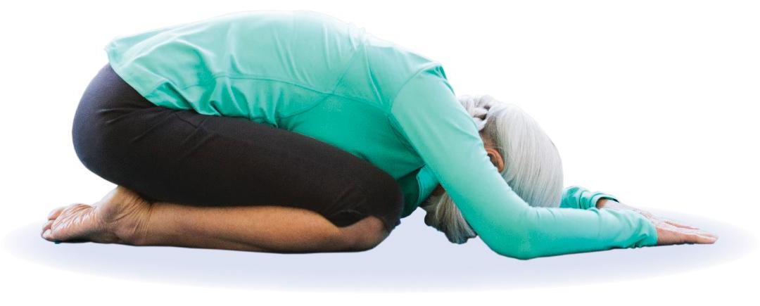 photo of gray-haired woman demonstrating child's pose